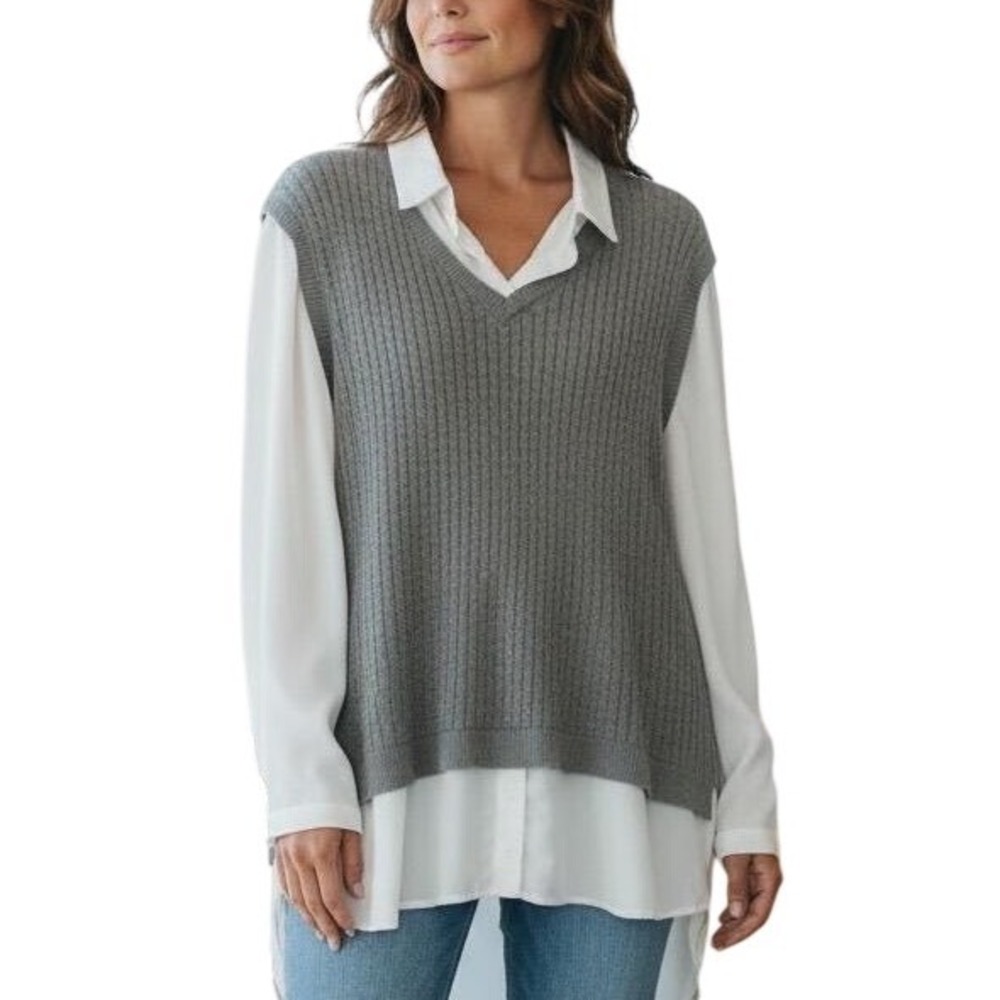 NWT Adrianna Papell‎ Womens Gray Knit Sweater Vest White Button Down